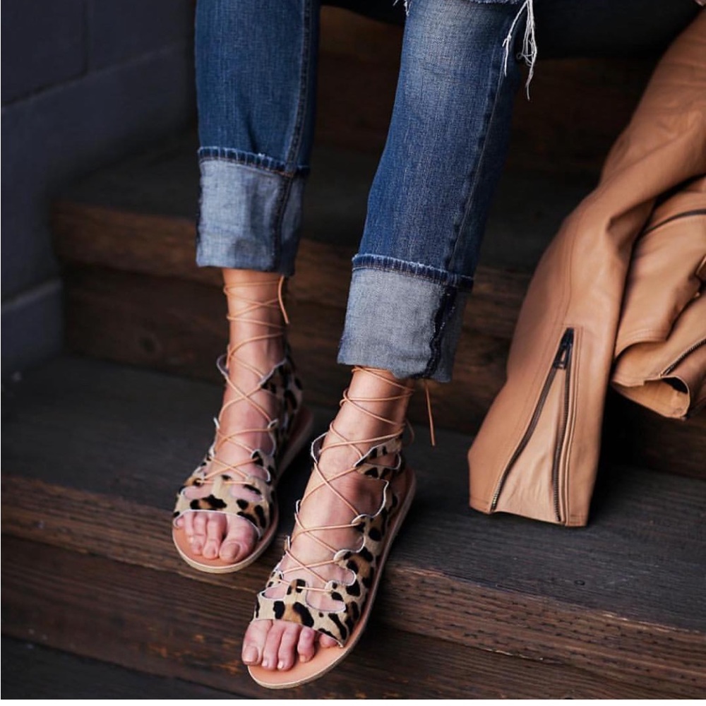 Ancient Greek Sandals Antigone LeopardPrint Pony hair Lace up sandal